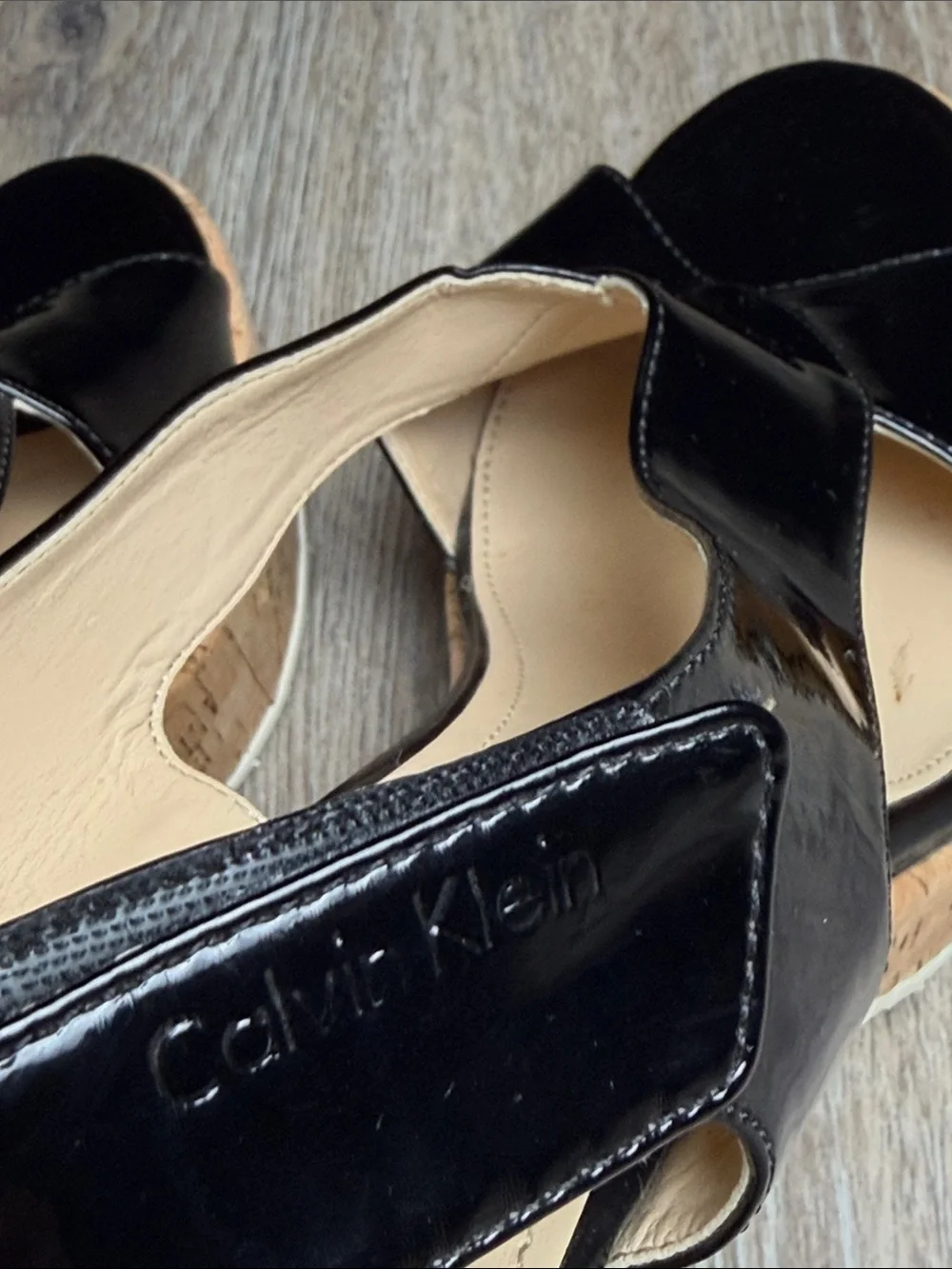 Calvin Klein Black Patent Cork Platform Block Heel Sandals Size 10B